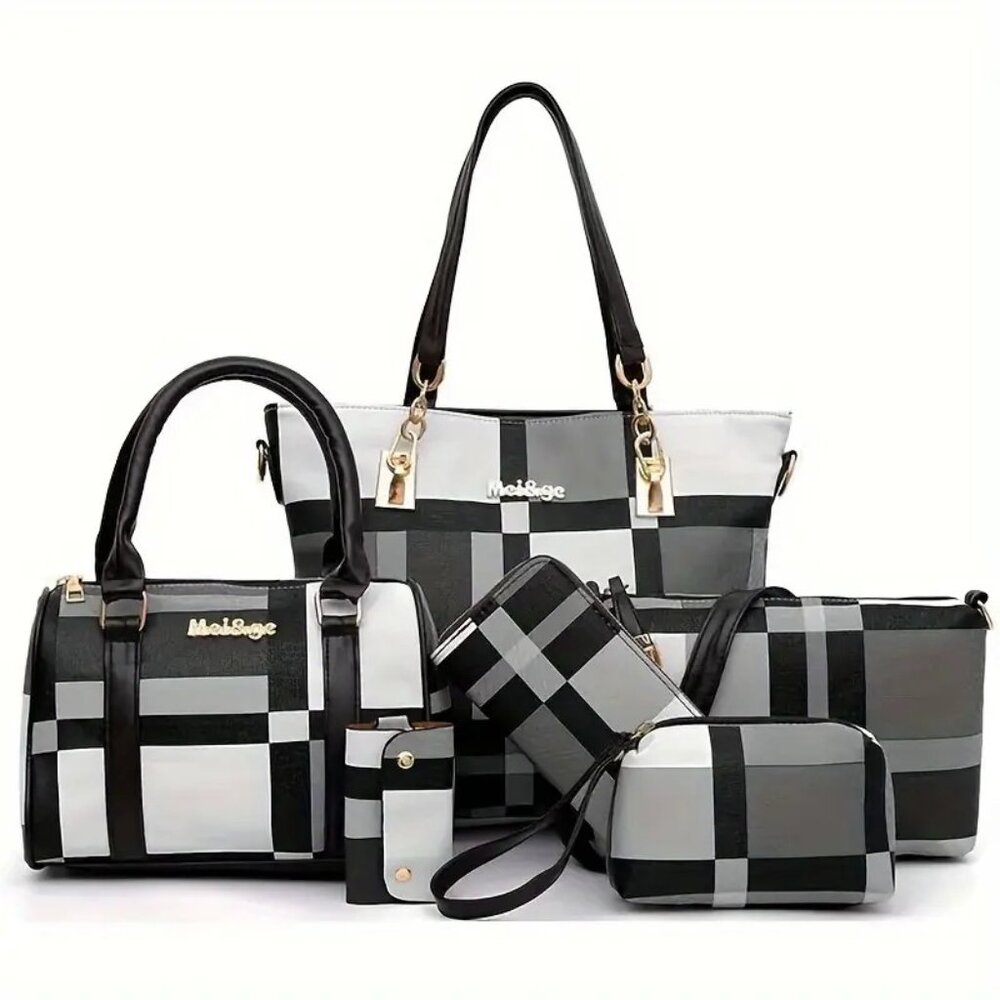6-Piece Black and Gray Geometric Tote Bag Collection